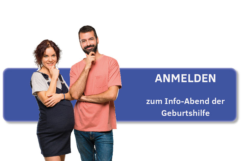 Mann und schwangere Frau mit fragenden Gesichtern vor dem Bild einer Schaltfläche mit dem Text "Anmelden zum Info-Abend der Geburtshilfe"