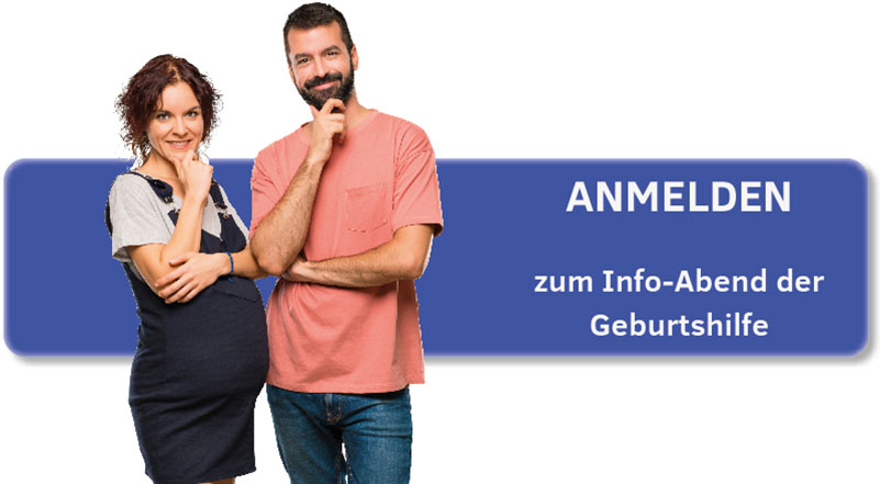 Mann und schwangere Frau mit fragenden Gesichtern vor dem Bild einer Schaltfläche mit dem Text "Anmelden zum Info-Abend der Geburtshilfe", verlinkt zur Online-Anmeldung