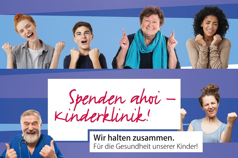 Schmuckbild zur Spendenkampagne mit sechs optimistischen Personen und dem Text: "Spenden Ahoi - Kinderklinik! Wir halten zusammen. Für die Gesundheit unserer Kinder!" Schmuckbild zur Spendenkampagne mit sechs optimistischen Personen und dem Text: "Spenden Ahoi - Kinderklinik! Wir halten zusammen. Für die Gesundheit unserer Kinder!"