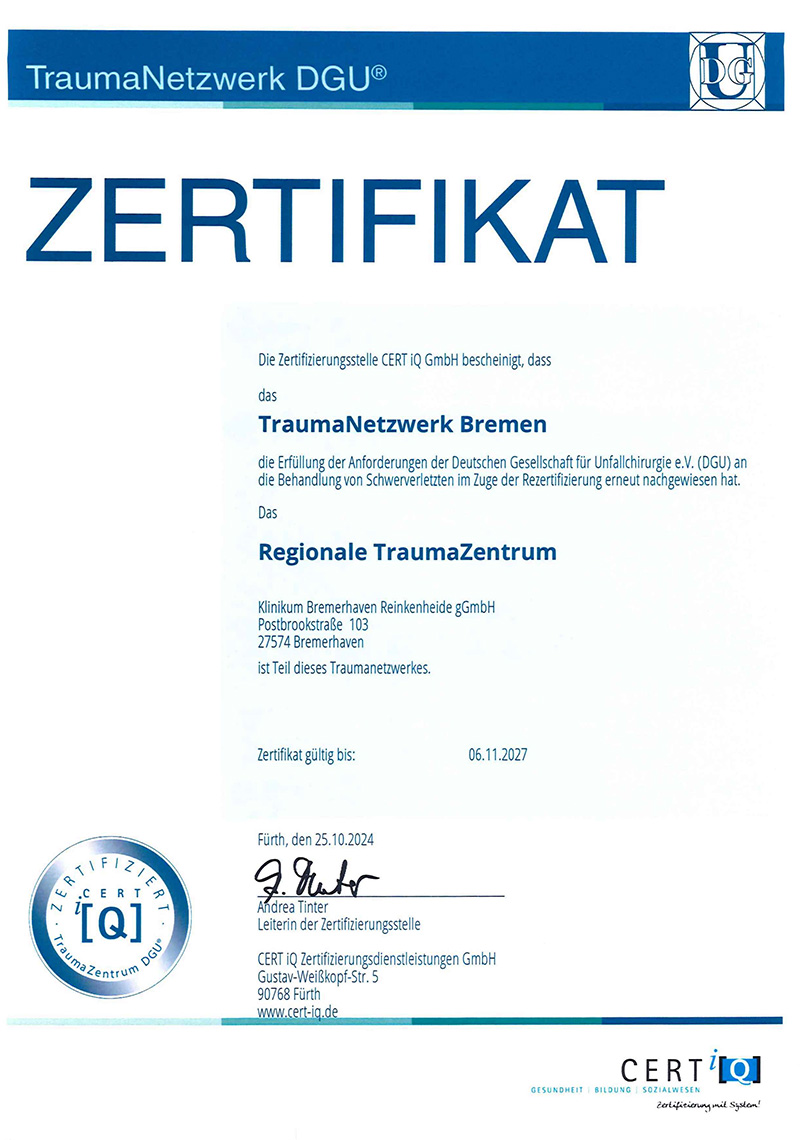 aktuelles Zertifikat als Regionales Traumazentrum im TraumaNetzwerk Bremen, ausgestellt durch die Zertifizierungsstelle Cert iQ GmbH aktuelles Zertifikat als Regionales Traumazentrum im TraumaNetzwerk Bremen, ausgestellt durch die Zertifizierungsstelle Cert iQ GmbH