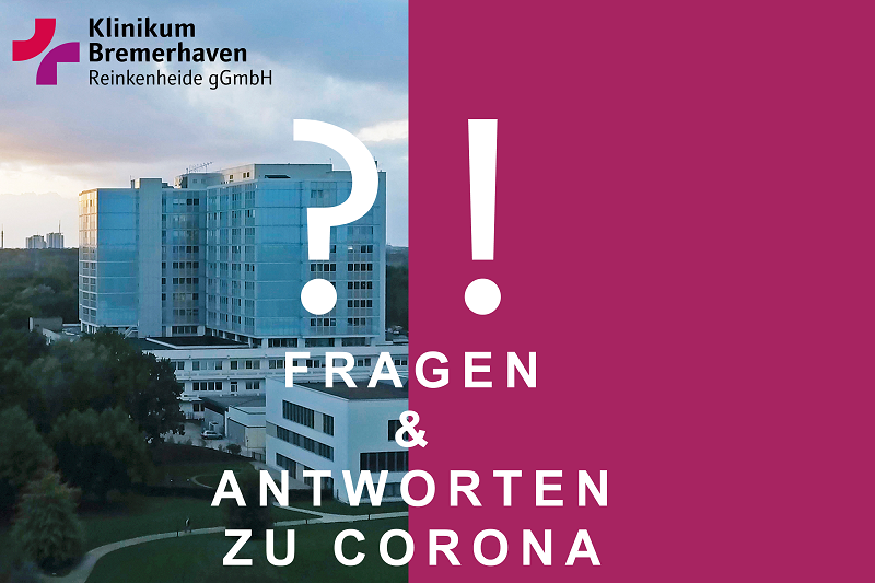 Bild des Klinikums und Textfeld: ?! Fragen und Antworten zu Corona