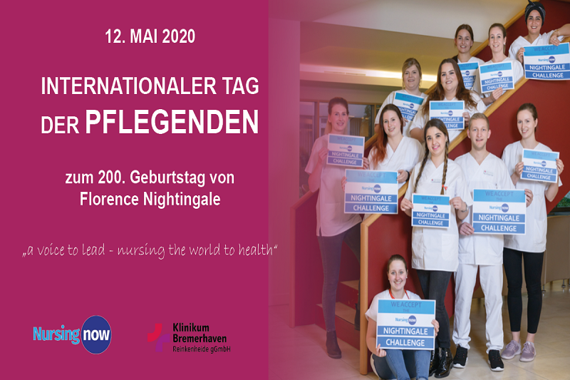 11 unserer Pflegekräfte auf einer Treppe, jeder mit Schild zur Nightingale Challenge; sowie Textfeld: 12. Mai 2020. Internationaler Tag der Pflegenden. zum 200. Geburtstag von Florence Nightingale. "a voice to lead - nursing the world to health"