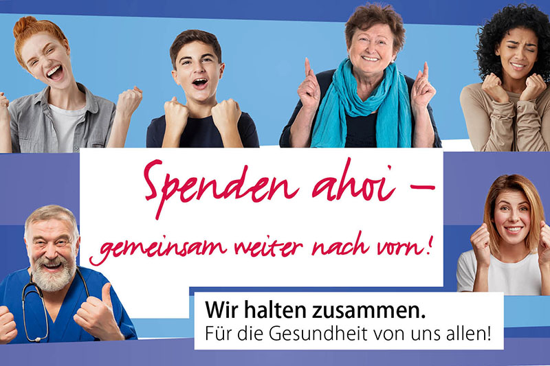 Schmuckbild zur Spendenkampagne mit sechs optimistischen Personen und dem Text: "Spenden Ahoi - gemeinsam weiter nach vorn! Wir halten zusammen. Für die Gesundheit von uns allen." Schmuckbild zur Spendenkampagne mit sechs optimistischen Personen und dem Text: "Spenden Ahoi - gemeinsam weiter nach vorn! Wir halten zusammen. Für die Gesundheit von uns allen."