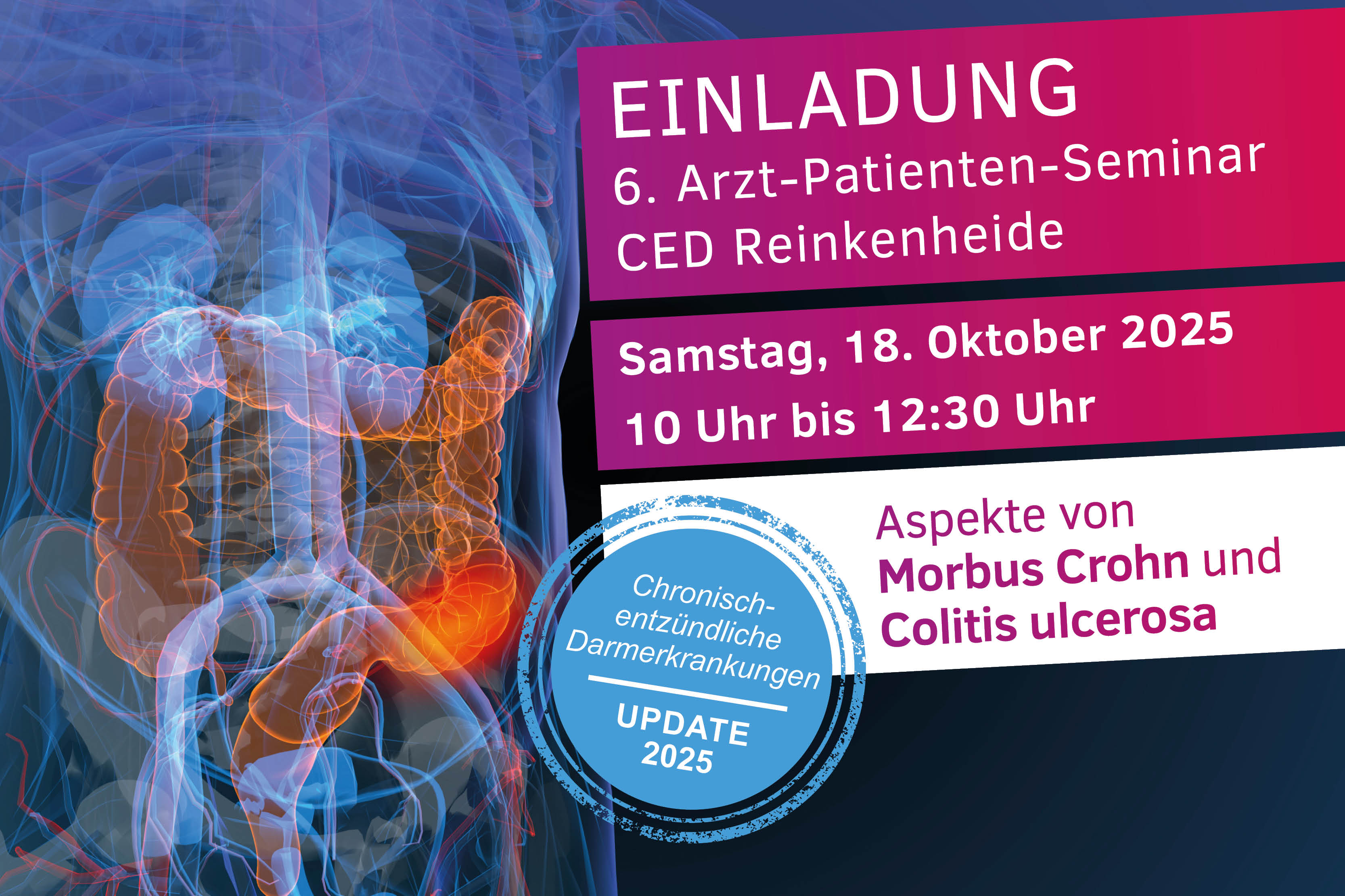 Illustration der Gedärme, Text: Einladung 6. Arzt-Patienten-Seminar CED Reinkenheide. Samstag 18.10.2025, 10 bis 12:30 Uhr. Aspekte von Morbus Crohn und Colitis ulcerosa. Chronisch-entzündliche Darmerkrankungen Update 2025.